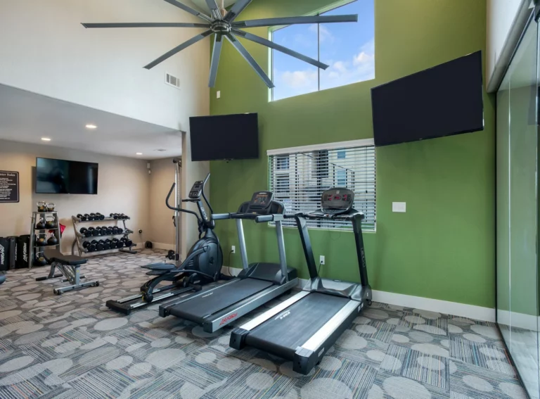 Fitness center with cardio equipment and dumbells