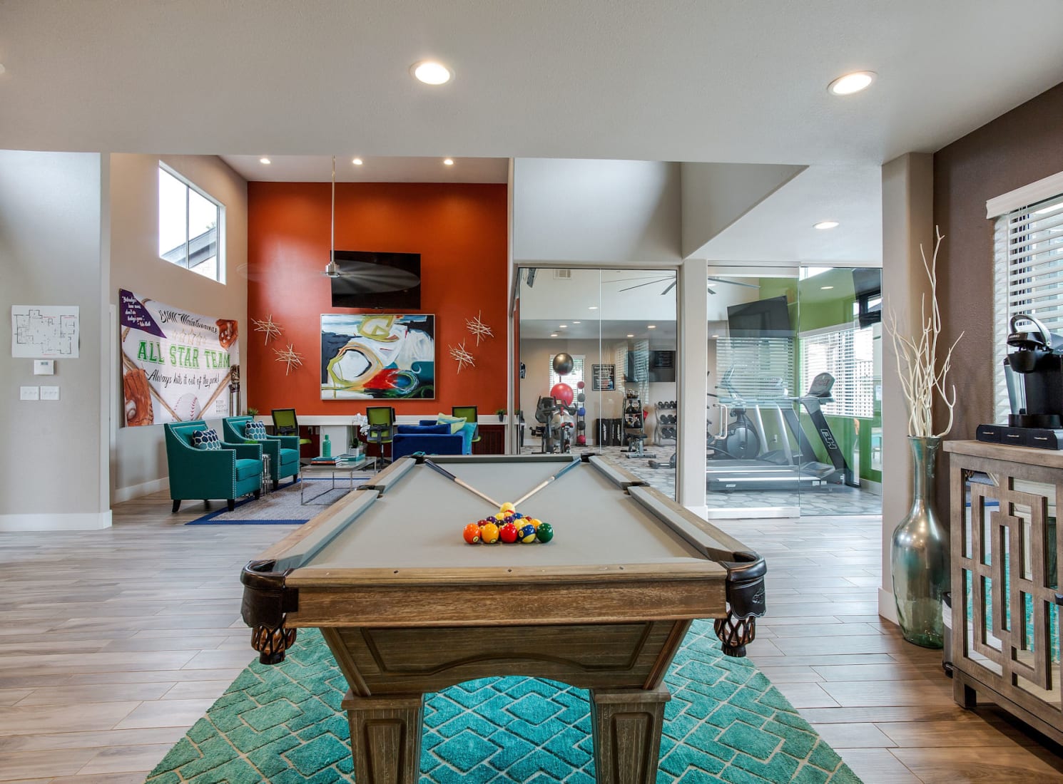 Clubhouse with fitness room and billards table